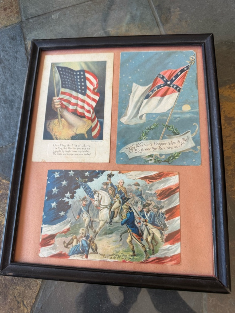 Framed Patriotic Vintage Flag Print Trio Postcard Collection
